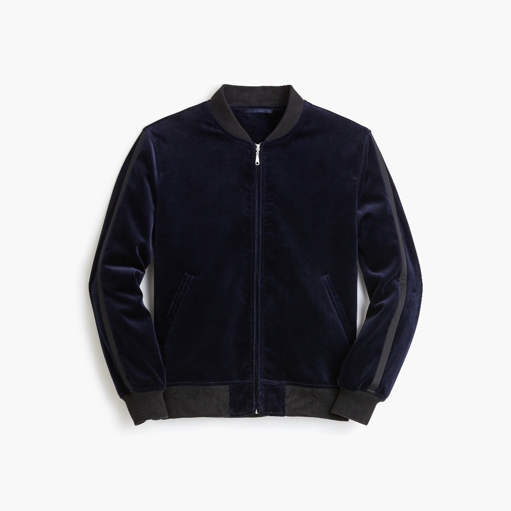NWOT J.Crew Men's Ludlow Navy Velvet Bomber with Tuxedo Stripes